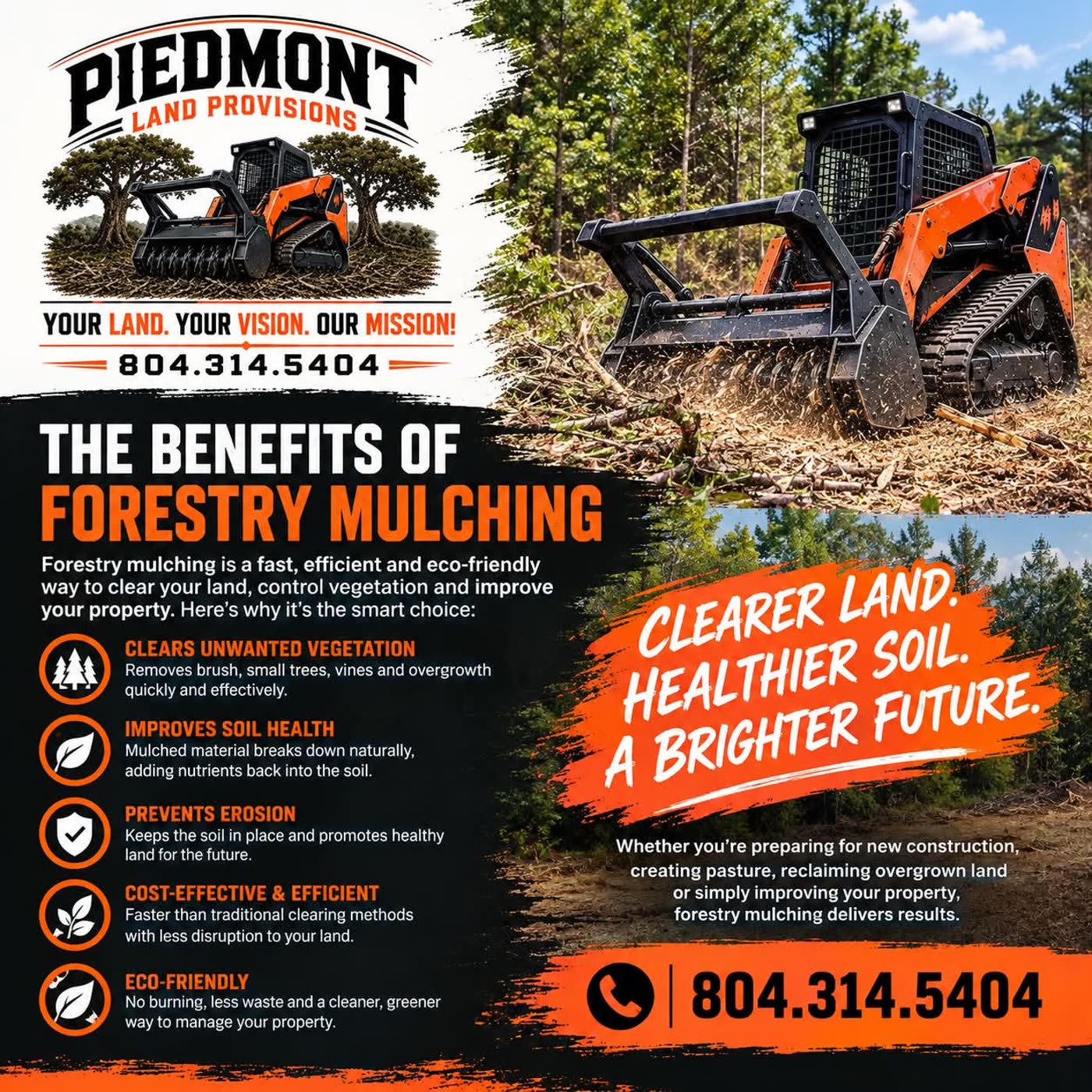 Piedmont Land Provisions forestry mulching flyer — benefits and contact info